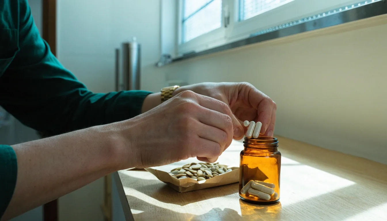 Gélules naturelles et notice posée face contre table, lumière froide latérale