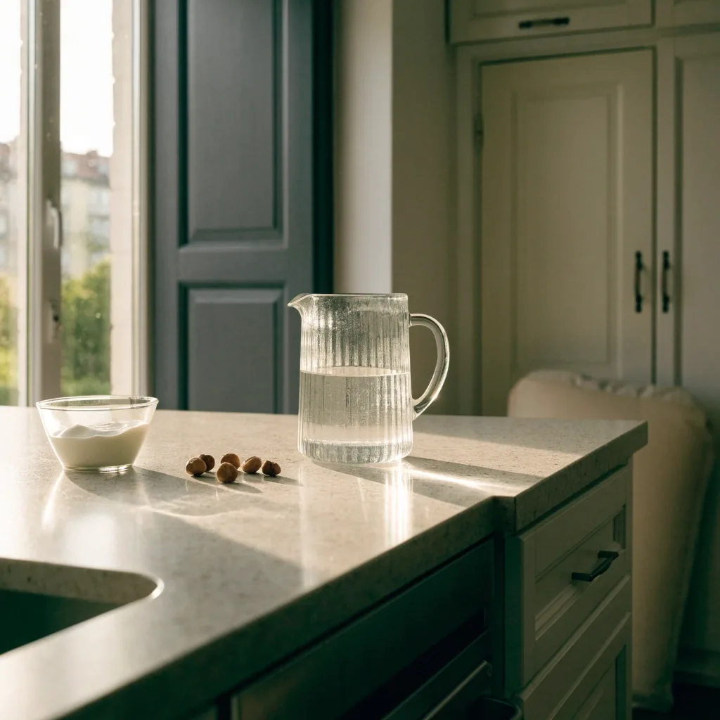 Plan de travail matinal avec yaourt nature, noisettes et carafe d'eau près d'un tapis roulé