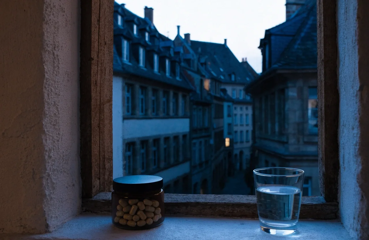 Rebord de fenêtre au crépuscule avec un pot de gélules et un verre d'eau, toits de Strasbourg au loin