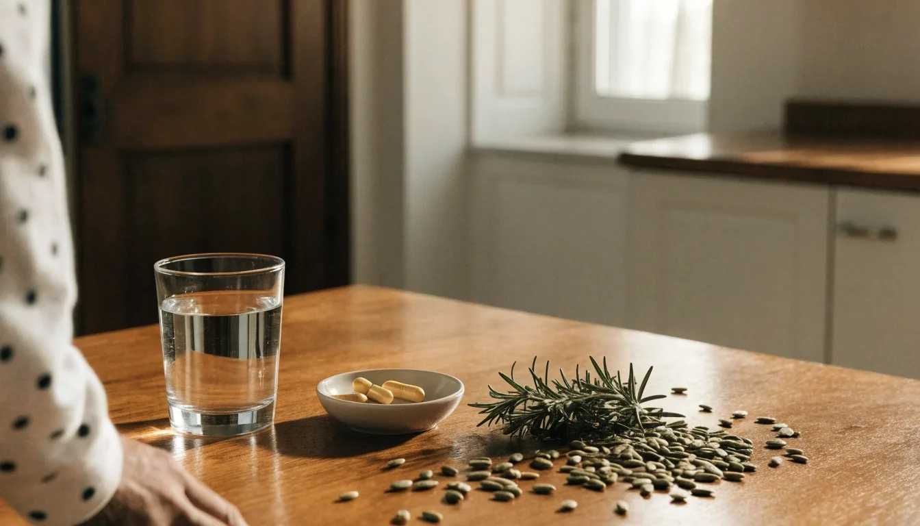 Comptoir de compléments naturels pour hommes dans une boutique strasbourgeoise, bocaux de gélules et graines de courge en lumière naturelle