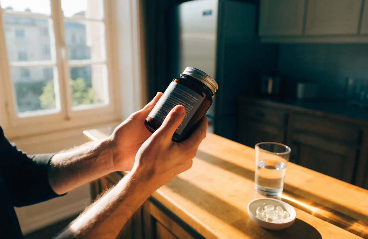 Mains d'un homme tournant un flacon de complément pour lire la composition au dos, verre d'eau sur la table