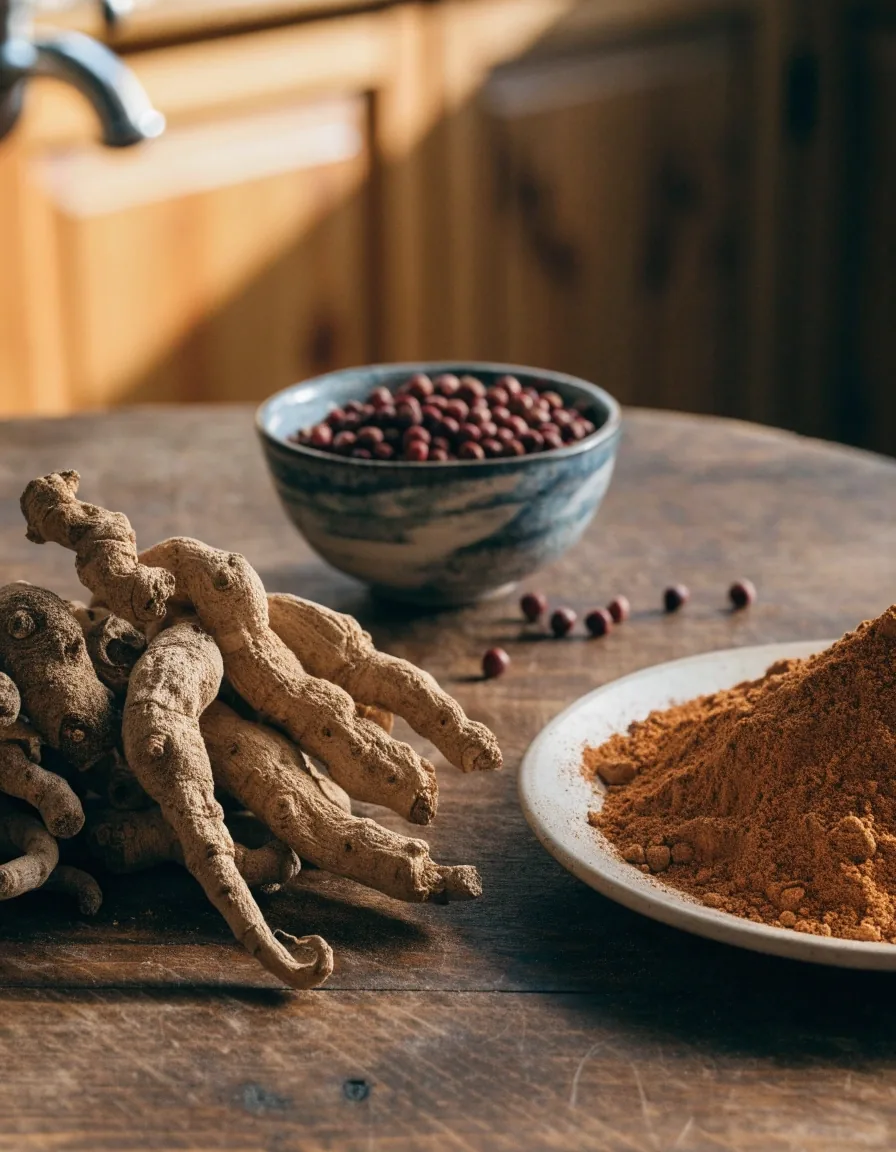 Racines et graines utilisées dans les formules à base de plantes : ginseng, guarana, maca, cannelle