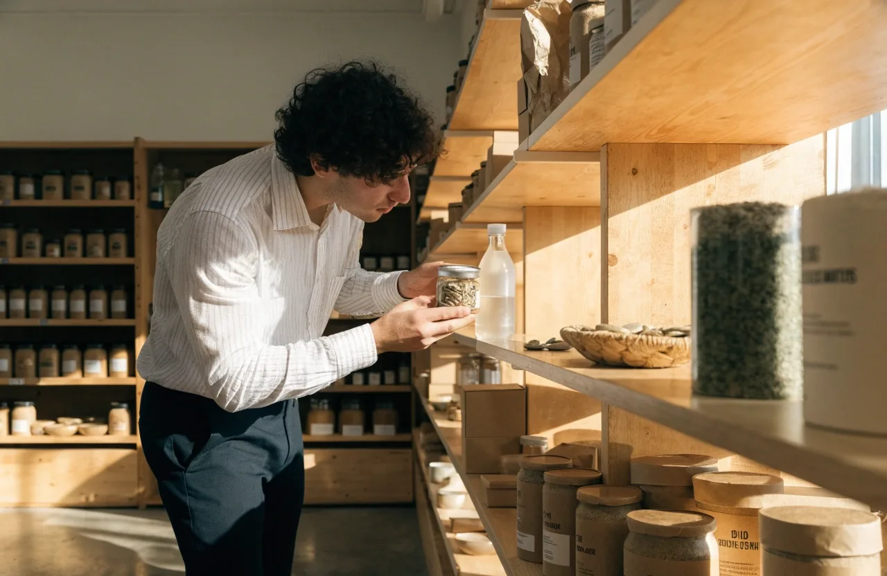 Rayon bien-être masculin d'une épicerie bio française, bocaux de compléments végétaux sur étagères en bois