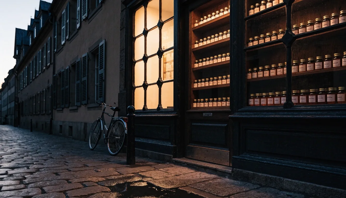 Rue calme de Strasbourg au crépuscule près du Vieux-Marché-aux-Grains, vitrine éclairée et pavés humides