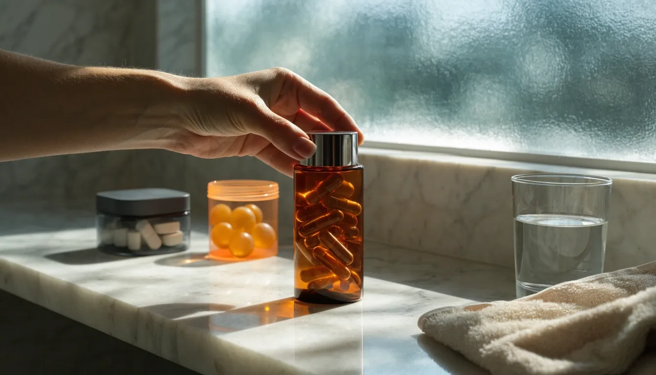 Trois formats de compléments alignés sur une étagère de salle de bain à l'aube : gélules, comprimés et gummies