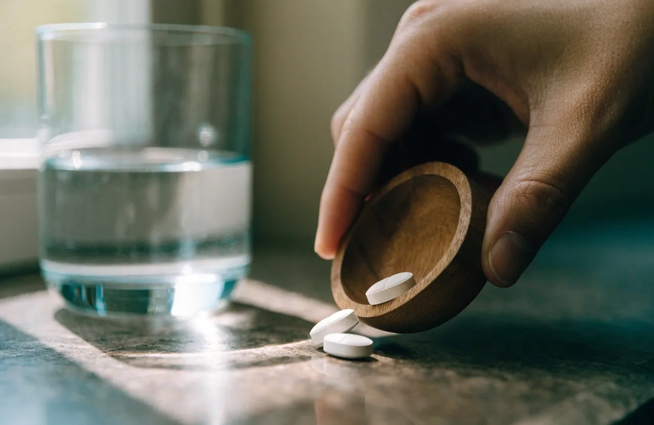 Comprimés de multivitamine alignés près d'un verre d'eau sur une surface sombre