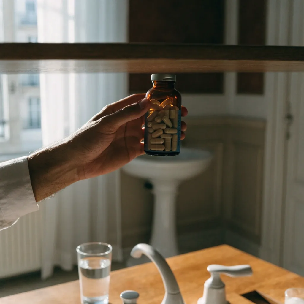 Plan de travail calme à la tombée du jour avec un flacon sombre et un verre d'eau près de l'évier