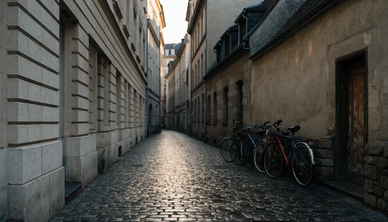Rue pietonne de Strasbourg au petit matin, façades en pierre claire et pavés humides