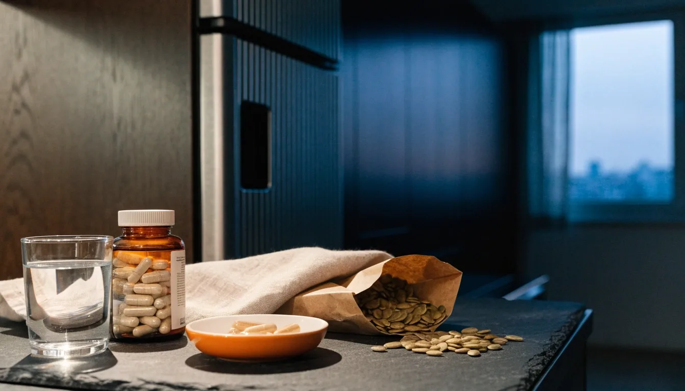 Compléments naturels et vitamines posés sur un plan de travail sombre, lumière du soir