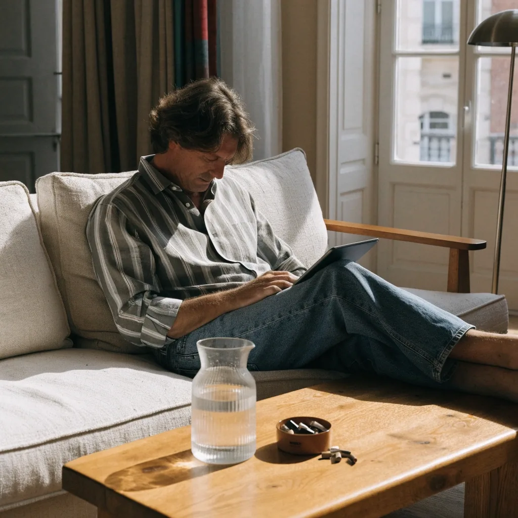 Consultation sereine du site EssenceMasc depuis un bureau lumineux