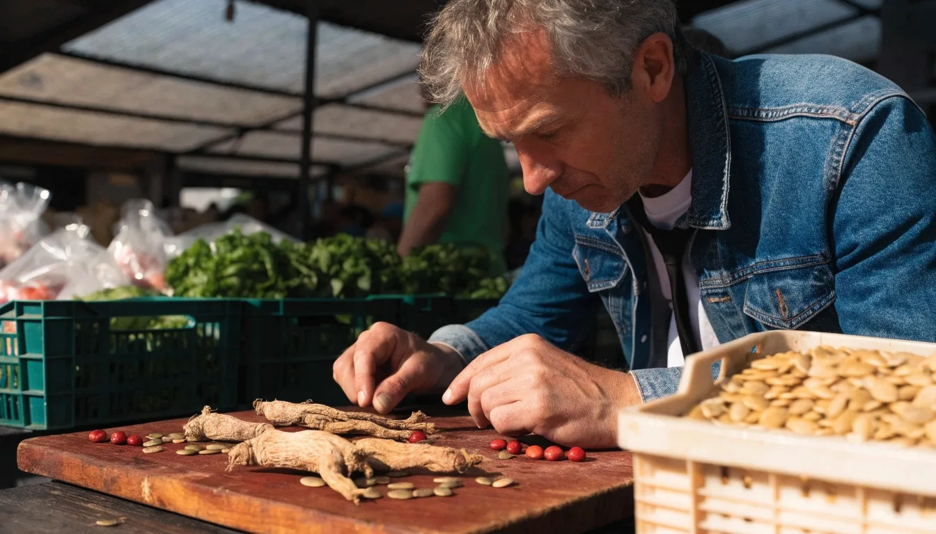 Homme feuilletant un plateau de plantes et racines séchées sur un étal de marché couvert, entre caisses de verdure