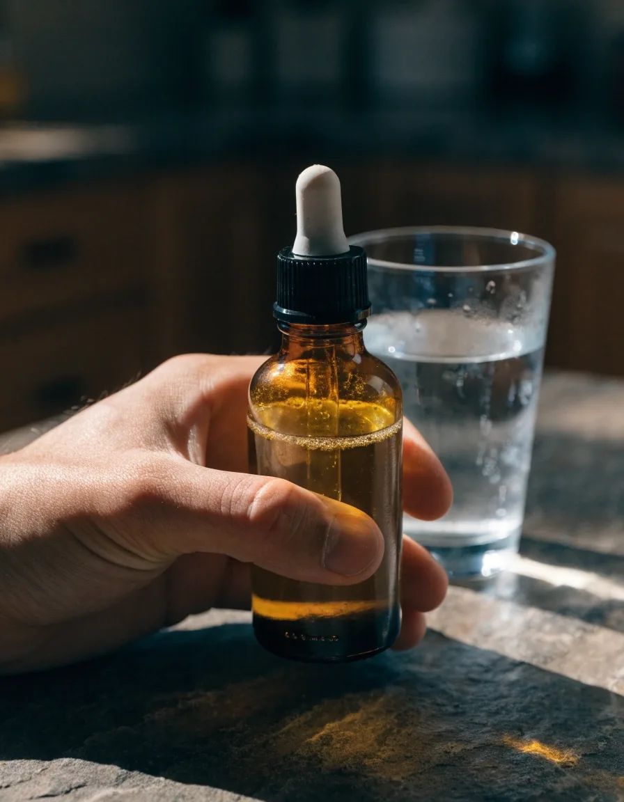 Petit flacon en verre ambré posé sur une pierre sombre, éclairé latéralement, avec un verre d'eau à côté