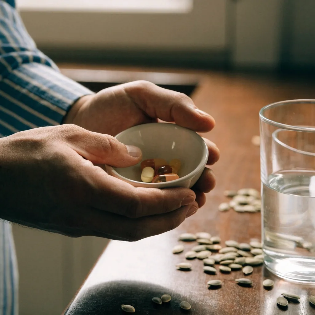 Petites tablettes de vitamines et capsules de teintes claires disposées dans une coupelle en céramique sur un plan de travail sombre