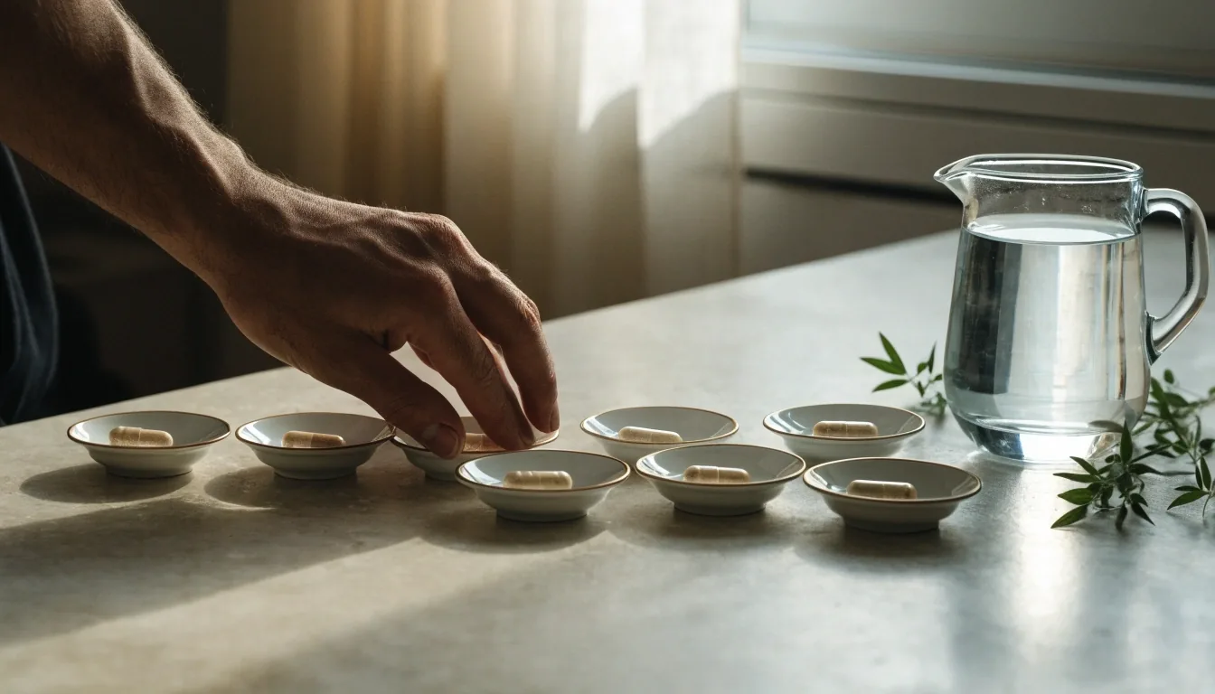Table en bois dans une cuisine lumineuse, avec un verre d'eau et un petit flacon ambré, dans une lumière matinale calme