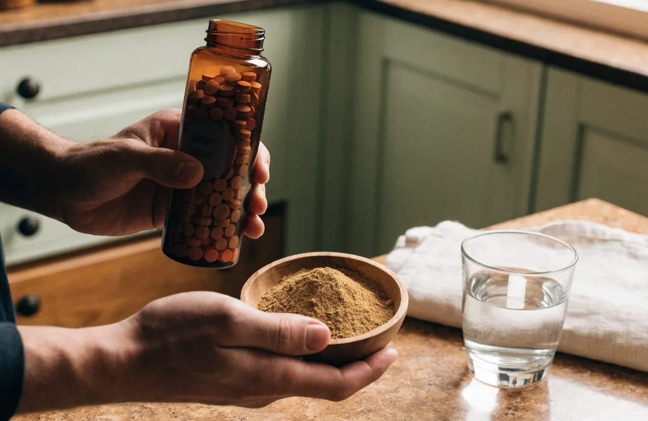 Flacon de multivitamines et ingrédients à base de plantes posés côte à côte sur une table