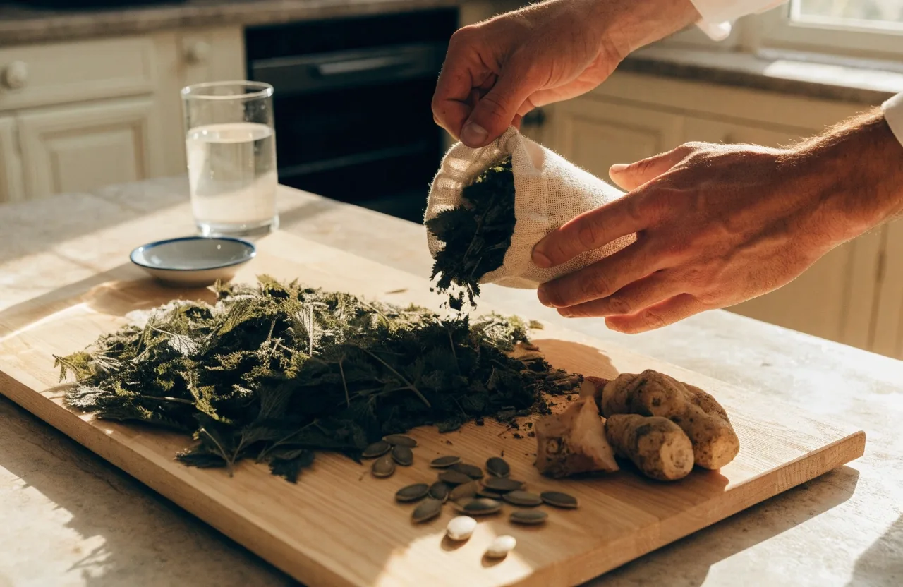 Graines de courge, ortie séchée et racines de maca posées sur une planche