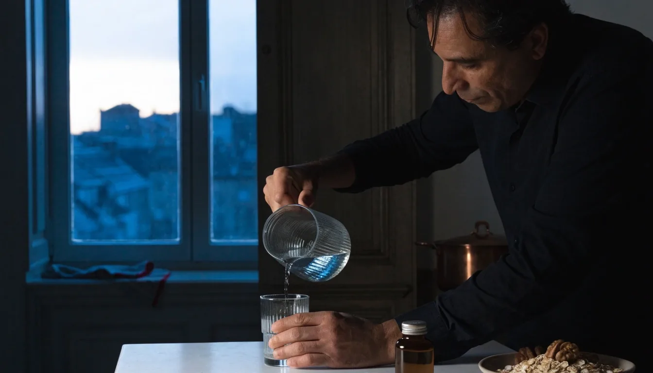 Homme versant un verre d'eau dans une cuisine au petit matin, flacon de complément posé près d'un bol de flocons d'avoine