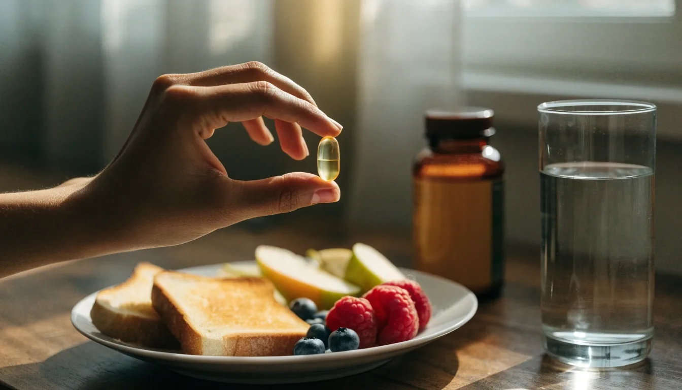 Petit-déjeuner équilibré sur une table en bois sombre avec verre d'eau et flacon de complément