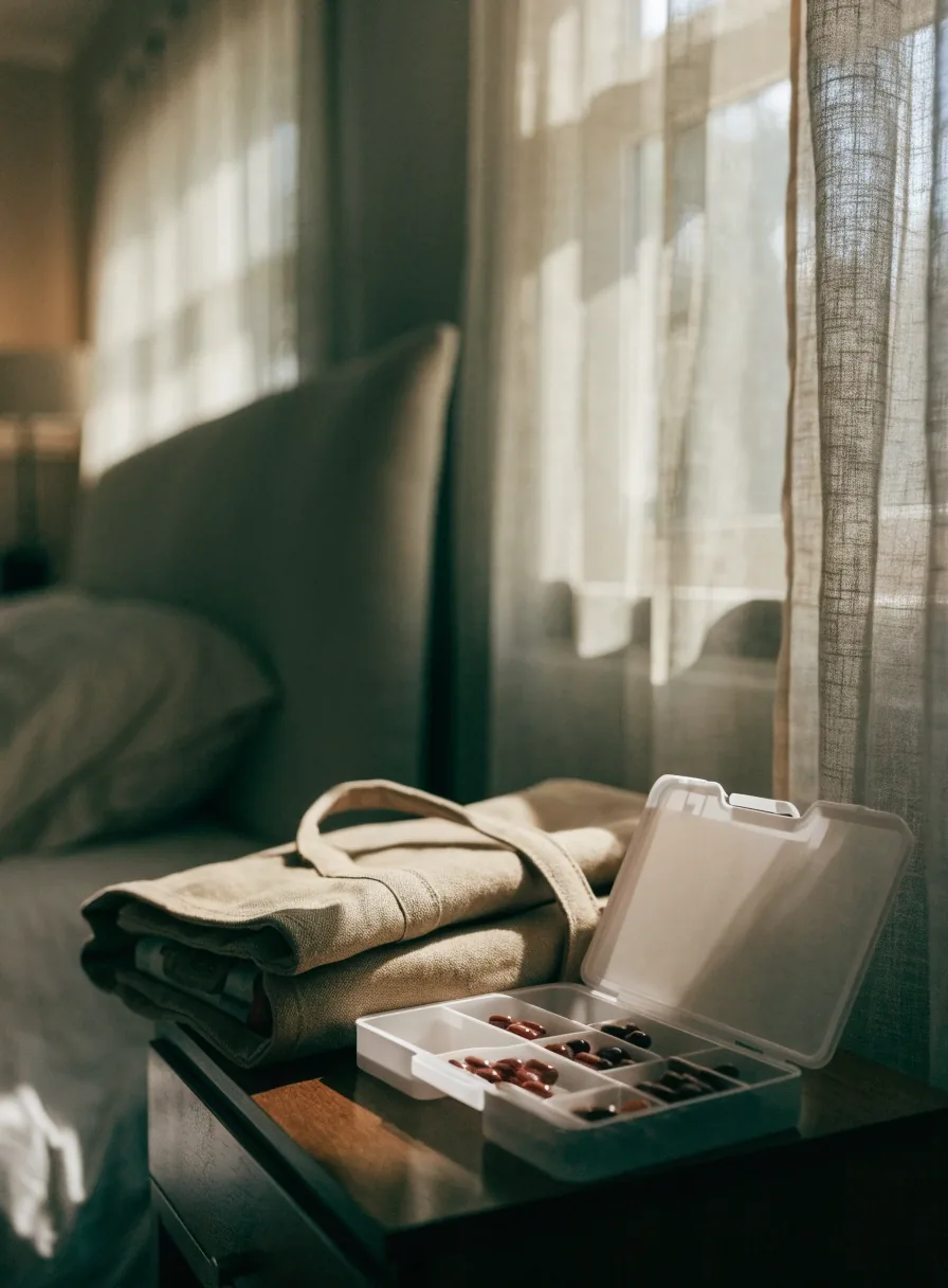 Pilulier hebdomadaire ouvert sur une table de nuit d'hôtel, à côté d'un sac de voyage