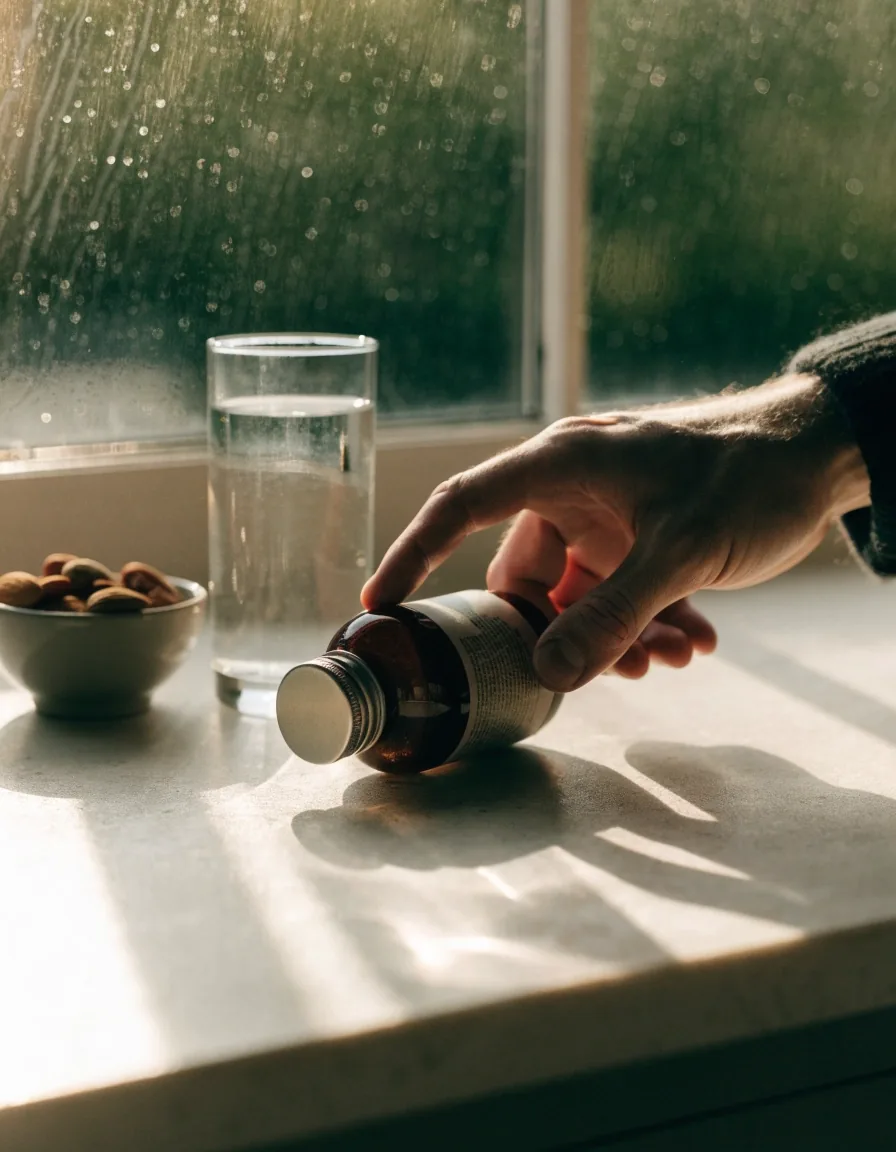 Rebord de fenêtre en hiver avec verre d'eau, calendrier vierge et flacon de complément près d'un bol de fruits secs
