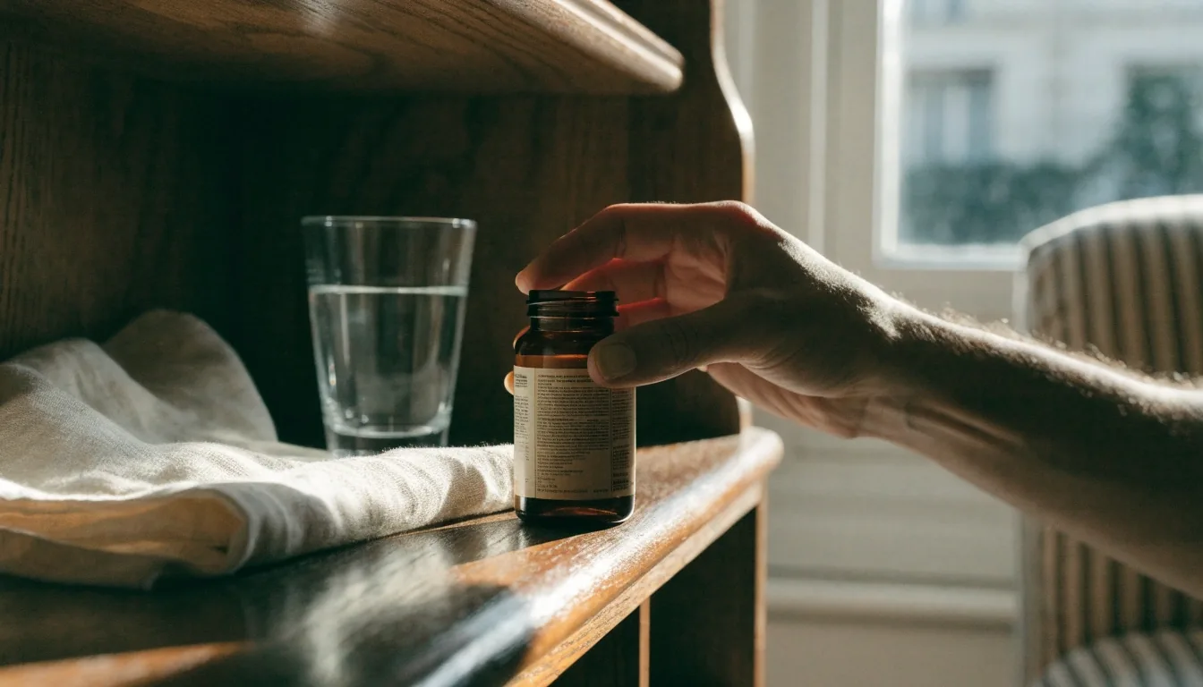 Flacon de complément alimentaire et verre d'eau sur une table en bois dans une cuisine lumineuse