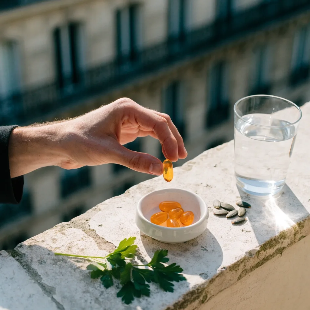 Gélules de compléments posées sur une petite assiette en céramique près d'un verre d'eau