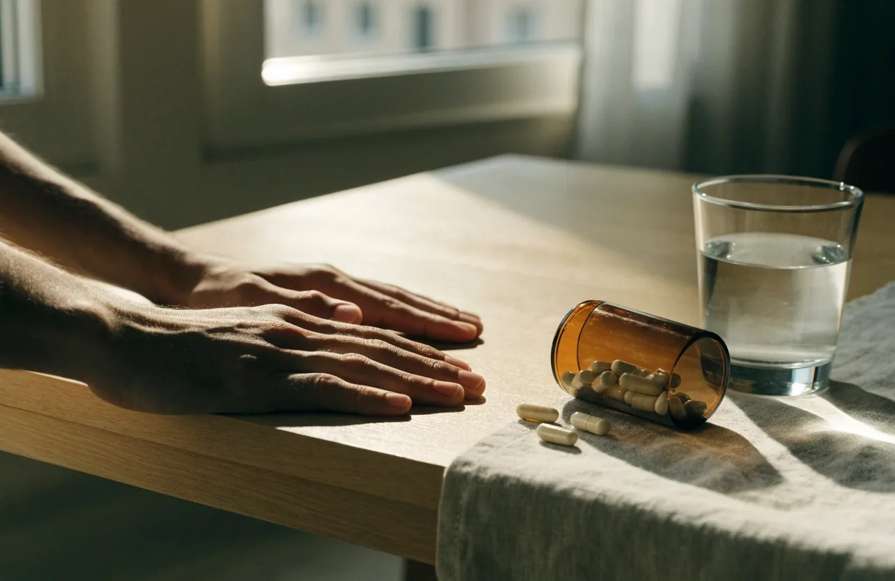 Homme assis à un bureau lisant un dépliant à côté d'un flacon de vitamines
